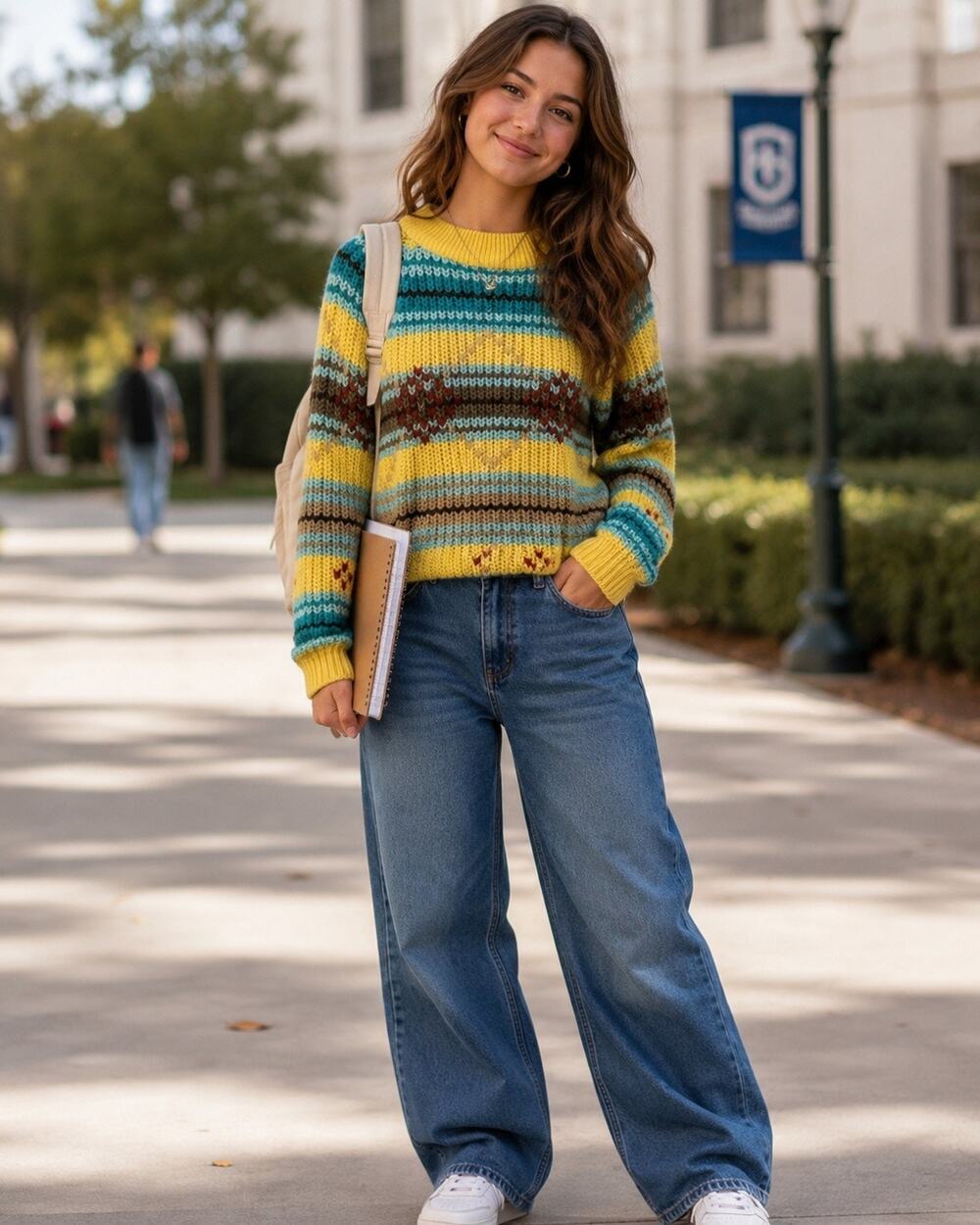 Retro Oversized Chunky Striped Knit Eclectic Sweater Yellow Blue Women's Medium